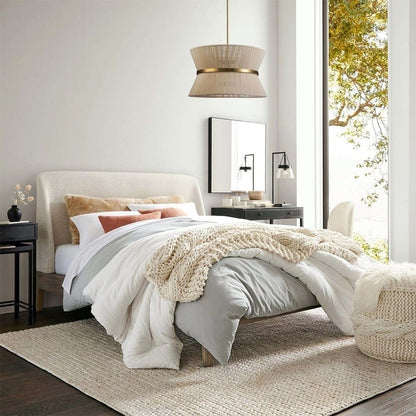 Grand lustre tambour bohème moderne à 8 lumières, 60 cm (24 pouces), en tissu, en forme de sablier, tissé à la main, en or/noir, pour salle à manger/salon.