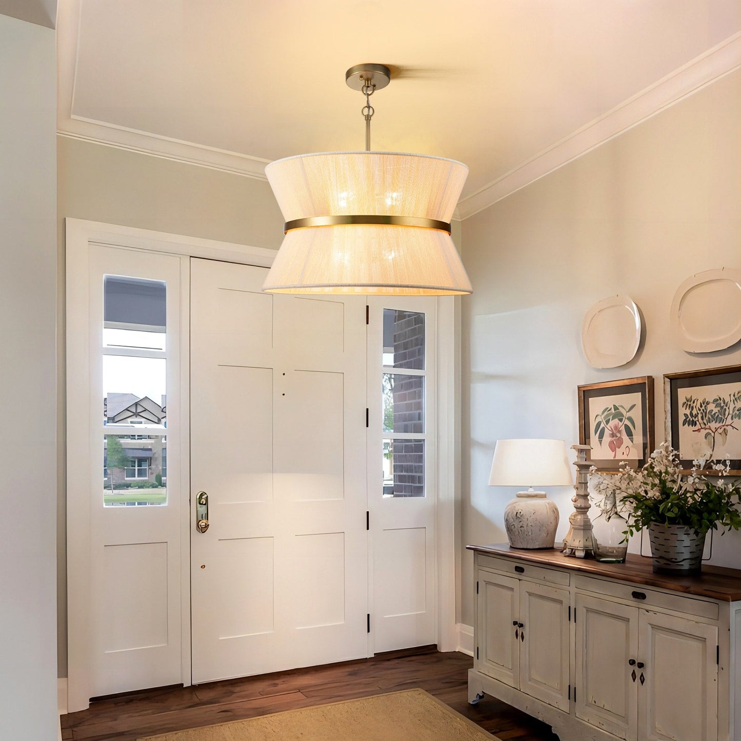 Grand lustre tambour bohème moderne à 8 lumières, 60 cm (24 pouces), en tissu, en forme de sablier, tissé à la main, en or/noir, pour salle à manger/salon.