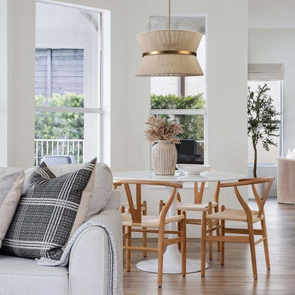 Grand lustre tambour bohème moderne à 8 lumières, 60 cm (24 pouces), en tissu, en forme de sablier, tissé à la main, en or/noir, pour salle à manger/salon.