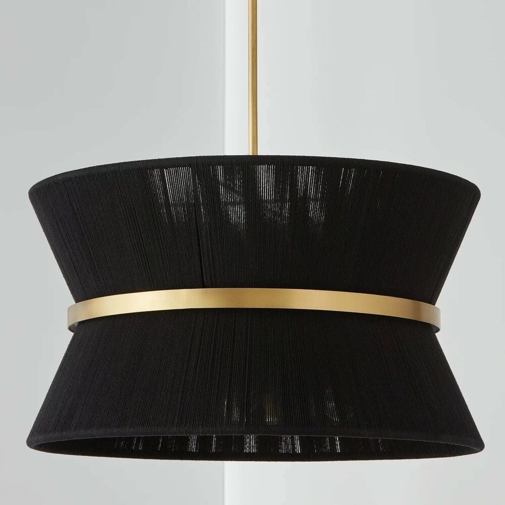 Grand lustre tambour bohème moderne à 8 lumières, 60 cm (24 pouces), en tissu, en forme de sablier, tissé à la main, en or/noir, pour salle à manger/salon.