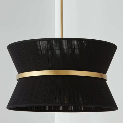 Grand lustre tambour bohème moderne à 8 lumières, 60 cm (24 pouces), en tissu, en forme de sablier, tissé à la main, en or/noir, pour salle à manger/salon.
