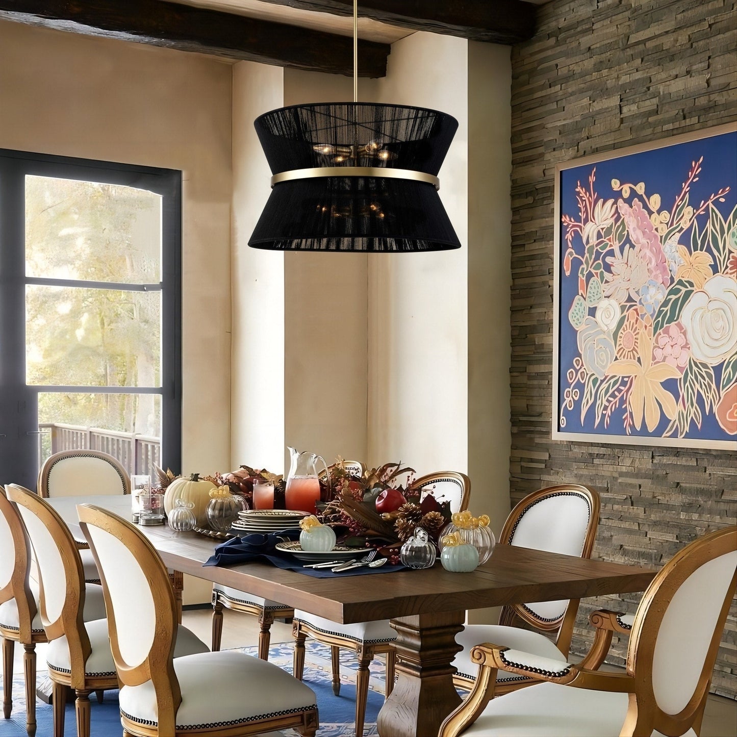 Grand lustre tambour bohème moderne à 8 lumières, 60 cm (24 pouces), en tissu, en forme de sablier, tissé à la main, en or/noir, pour salle à manger/salon.