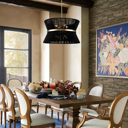 Grand lustre tambour bohème moderne à 8 lumières, 60 cm (24 pouces), en tissu, en forme de sablier, tissé à la main, en or/noir, pour salle à manger/salon.