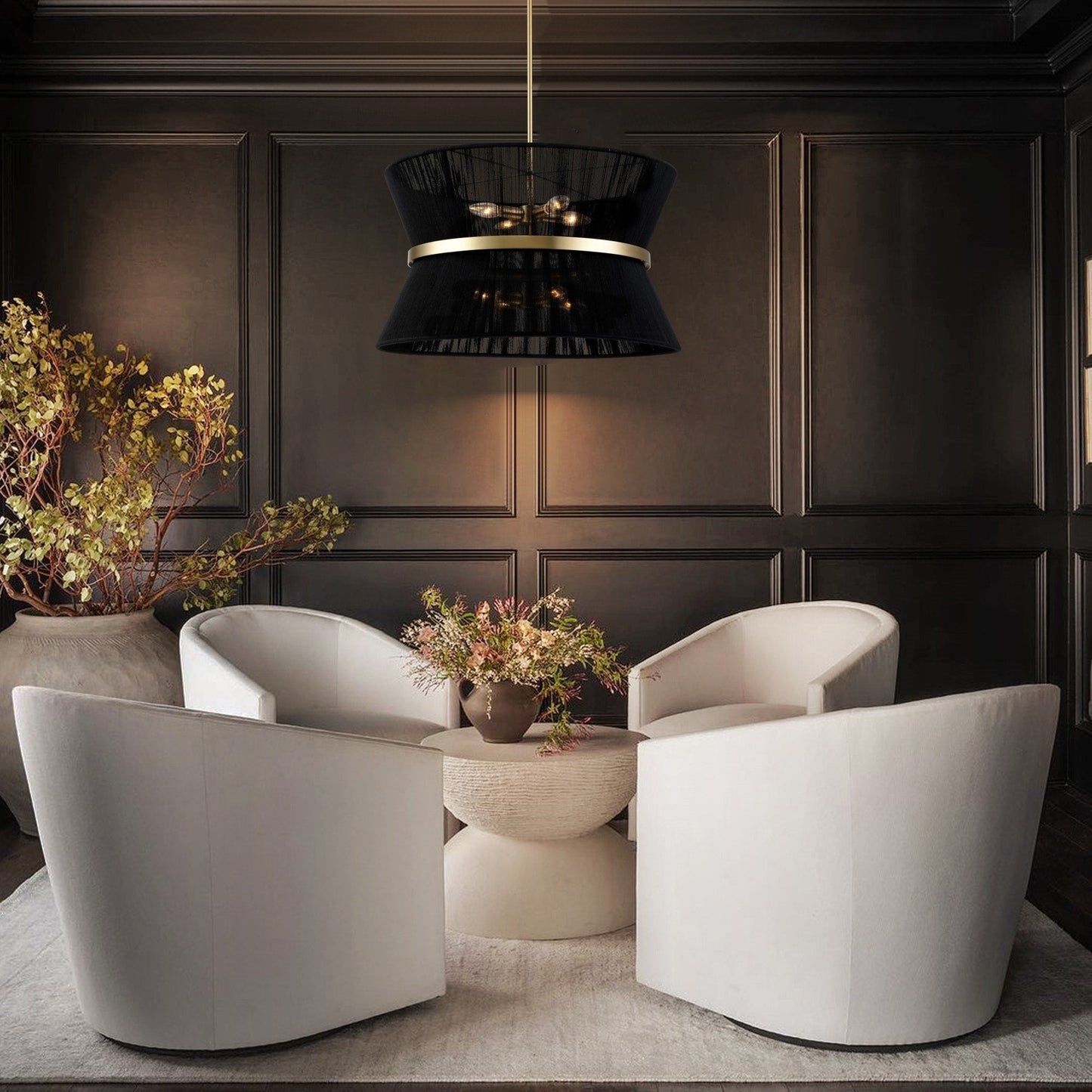 Grand lustre tambour bohème moderne à 8 lumières, 60 cm (24 pouces), en tissu, en forme de sablier, tissé à la main, en or/noir, pour salle à manger/salon.