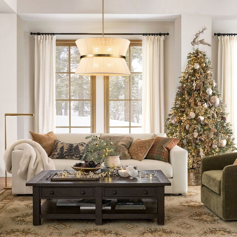 Grand lustre tambour bohème moderne à 8 lumières, 60 cm (24 pouces), en tissu, en forme de sablier, tissé à la main, en or/noir, pour salle à manger/salon.