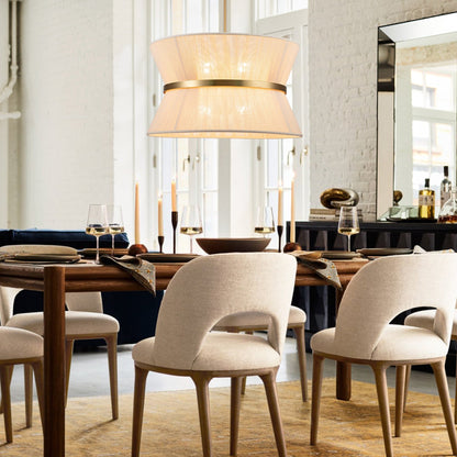 Grand lustre tambour bohème moderne à 8 lumières, 60 cm (24 pouces), en tissu, en forme de sablier, tissé à la main, en or/noir, pour salle à manger/salon.