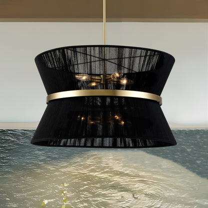 Grand lustre tambour bohème moderne à 8 lumières, 60 cm (24 pouces), en tissu, en forme de sablier, tissé à la main, en or/noir, pour salle à manger/salon.