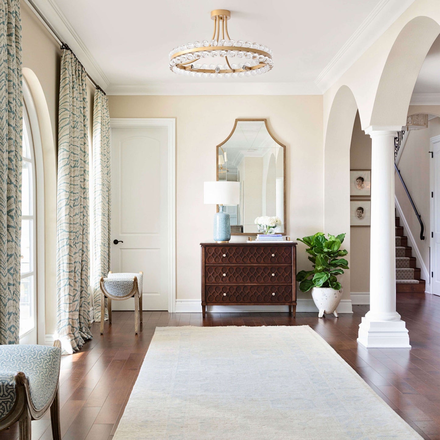 Suspension semi-encastrée Elvira à 8 lumières en forme de roue de chariot avec cristaux