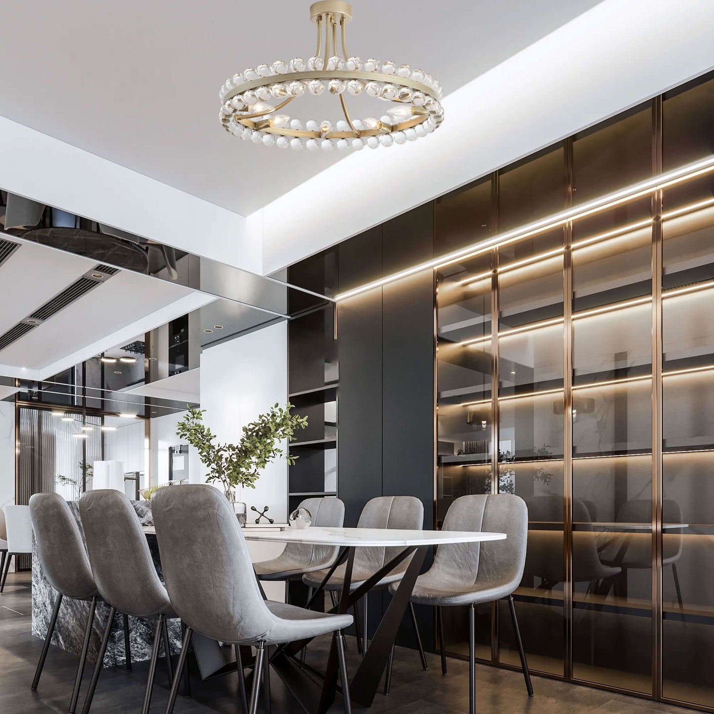 Suspension semi-encastrée Elvira à 8 lumières en forme de roue de chariot avec cristaux