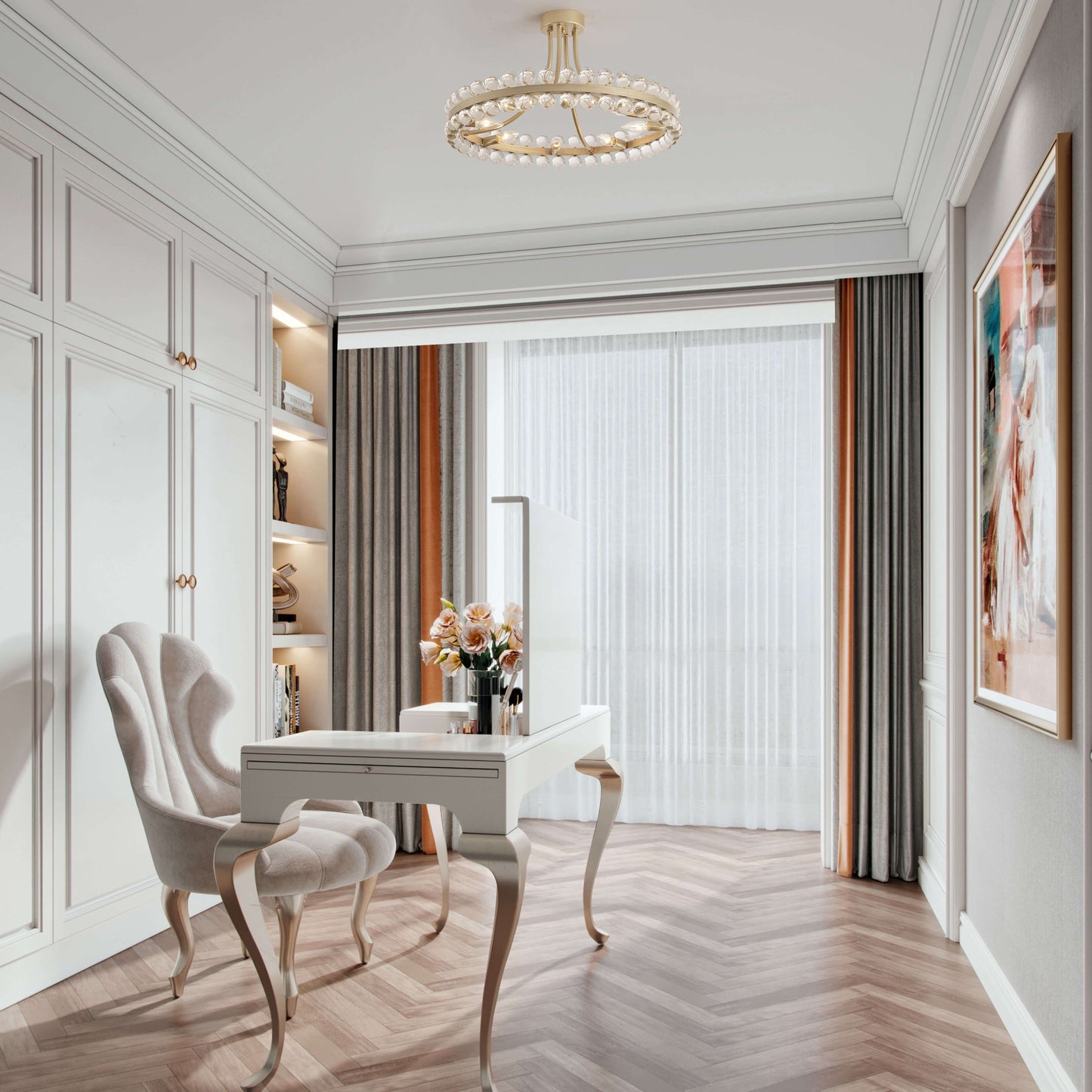 Suspension semi-encastrée Elvira à 8 lumières en forme de roue de chariot avec cristaux