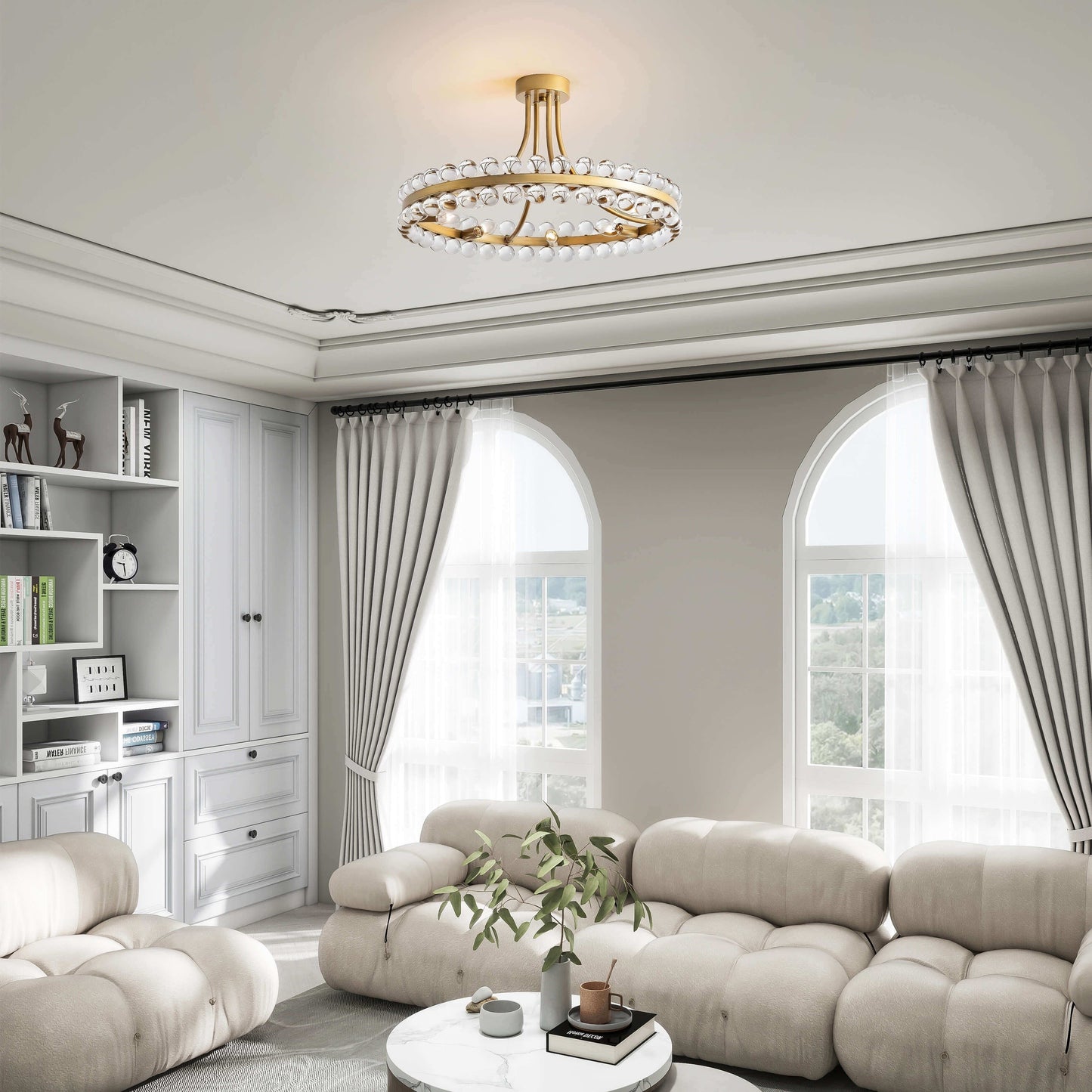 Suspension semi-encastrée Elvira à 8 lumières en forme de roue de chariot avec cristaux