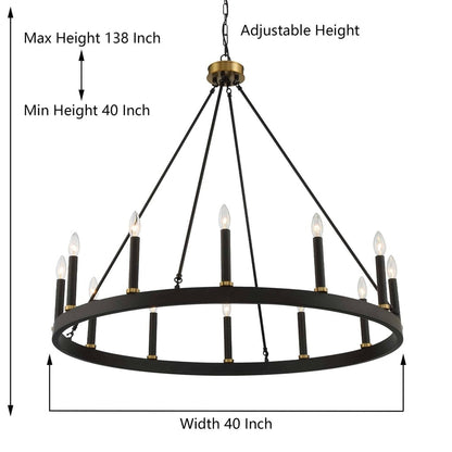 Suspension Acroma à 12 lumières, style ferme, 40 pouces, en forme de roue de charrette, avec certification UL - 40'' de diamètre x 138'' de hauteur