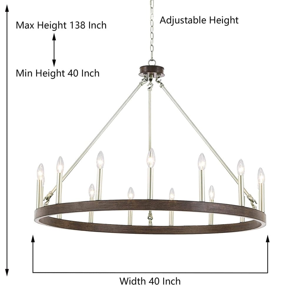 Suspension Acroma à 12 lumières, style ferme, 40 pouces, en forme de roue de charrette, avec certification UL - 40'' de diamètre x 138'' de hauteur