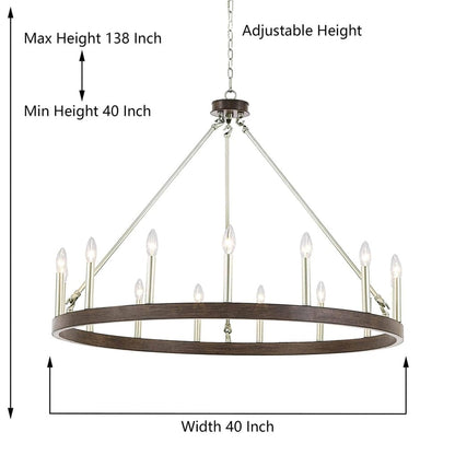 Suspension Acroma à 12 lumières, style ferme, 40 pouces, en forme de roue de charrette, avec certification UL - 40'' de diamètre x 138'' de hauteur