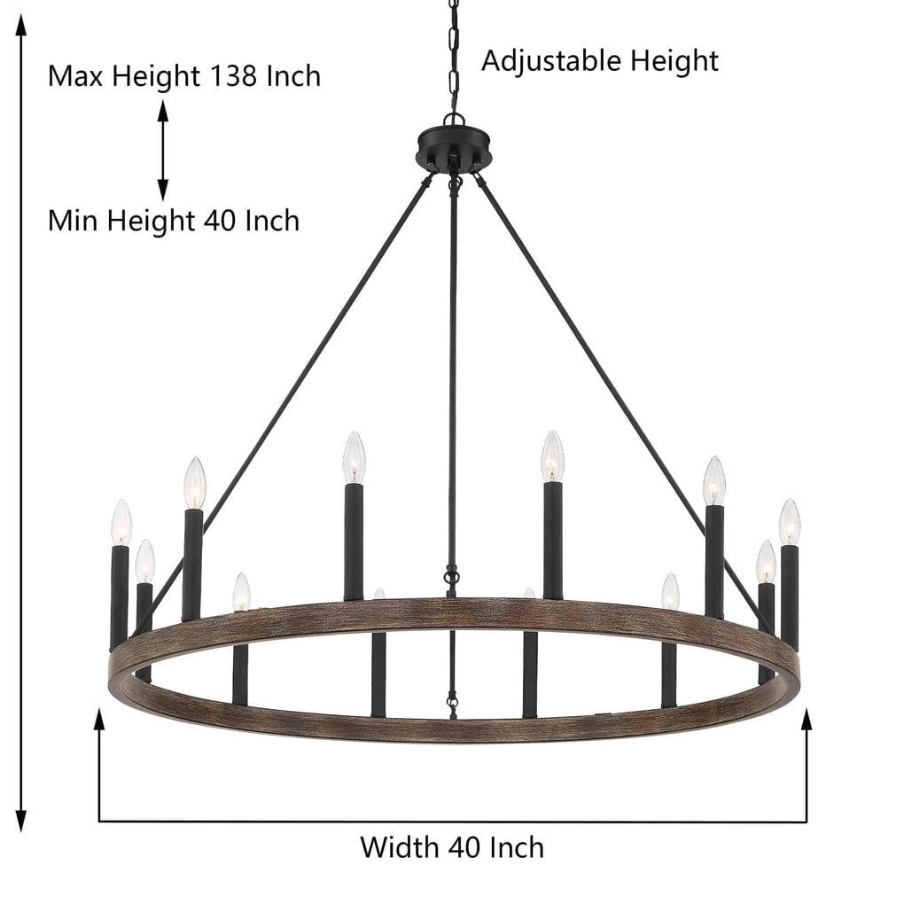Suspension Acroma à 12 lumières, style ferme, 40 pouces, en forme de roue de charrette, avec certification UL - 40'' de diamètre x 138'' de hauteur