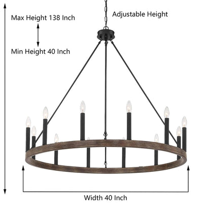 Suspension Acroma à 12 lumières, style ferme, 40 pouces, en forme de roue de charrette, avec certification UL - 40'' de diamètre x 138'' de hauteur