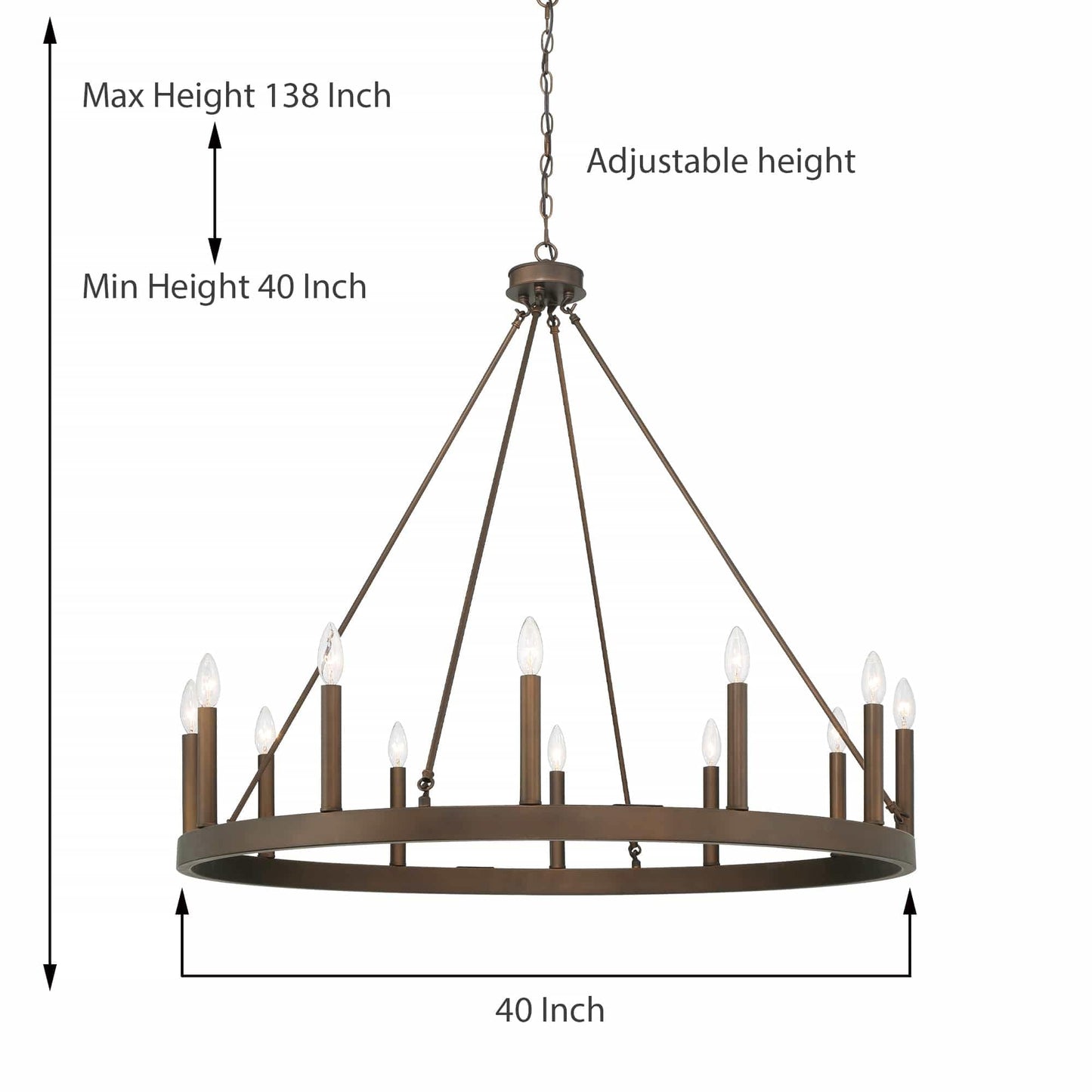 Suspension Acroma à 12 lumières, style ferme, 40 pouces, en forme de roue de charrette, avec certification UL - 40'' de diamètre x 138'' de hauteur