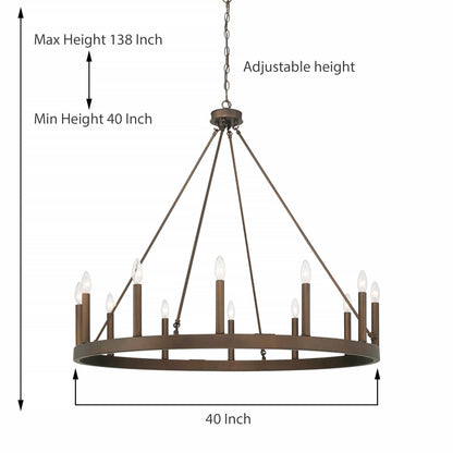 Suspension Acroma à 12 lumières, style ferme, 40 pouces, en forme de roue de charrette, avec certification UL - 40'' de diamètre x 138'' de hauteur