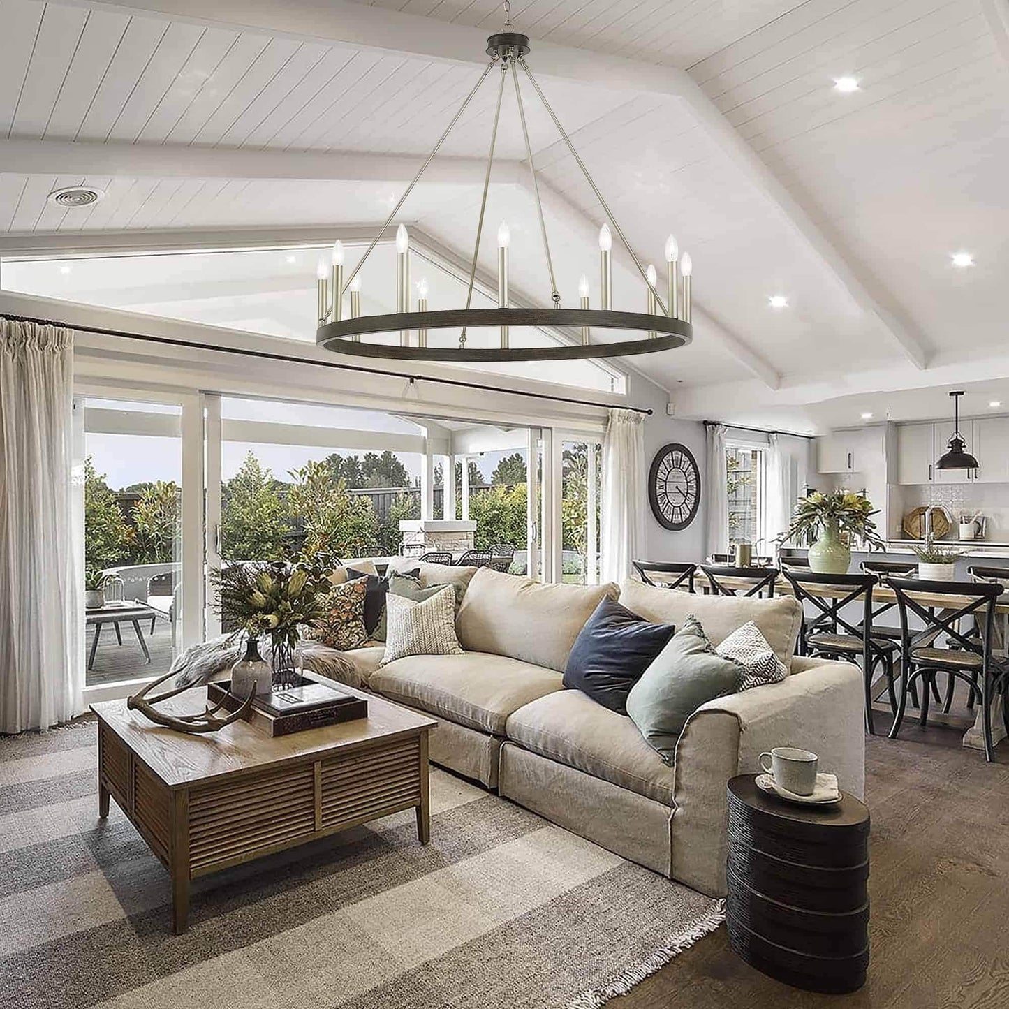 Suspension Acroma à 12 lumières, style ferme, 40 pouces, en forme de roue de charrette, avec certification UL - 40'' de diamètre x 138'' de hauteur