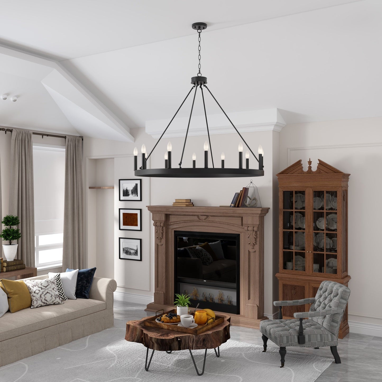 Suspension Acroma à 12 lumières, style ferme, 40 pouces, en forme de roue de charrette, avec certification UL - 40'' de diamètre x 138'' de hauteur