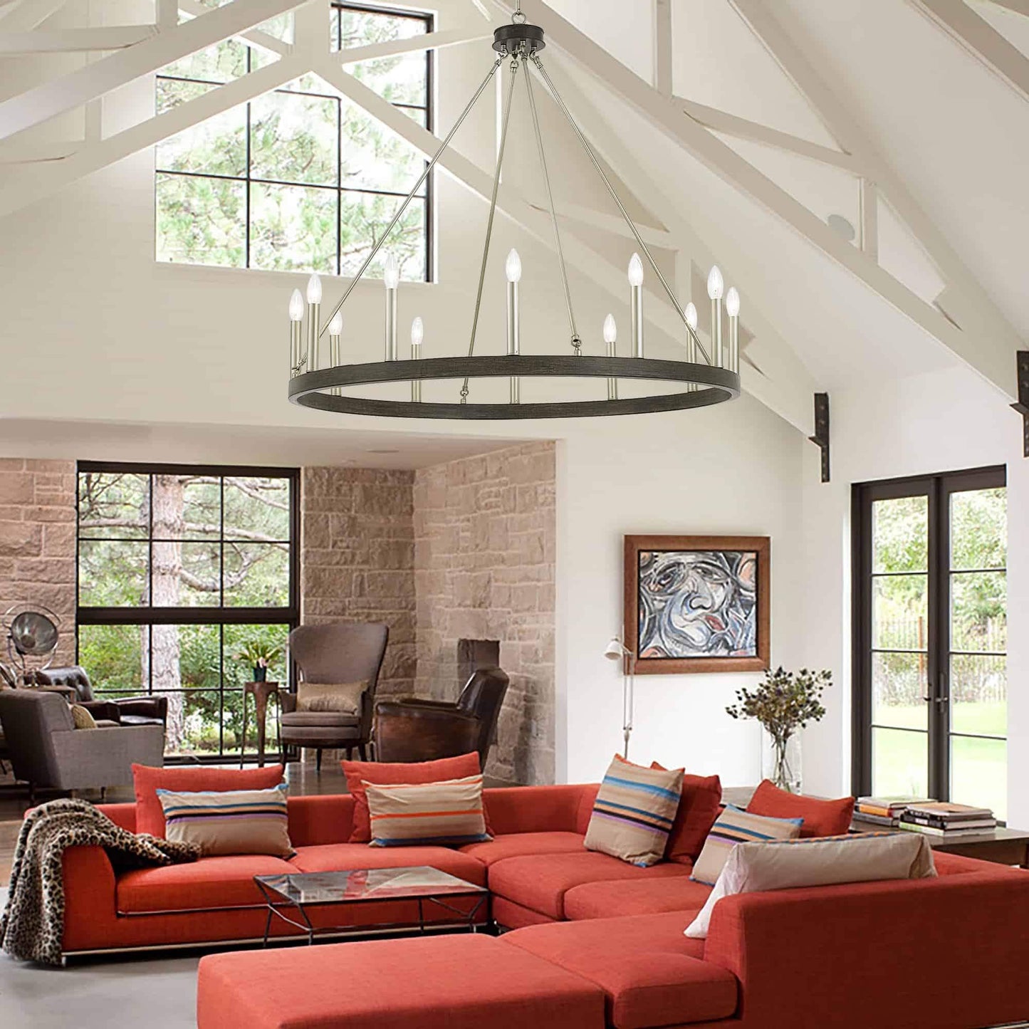 Suspension Acroma à 12 lumières, style ferme, 40 pouces, en forme de roue de charrette, avec certification UL - 40'' de diamètre x 138'' de hauteur