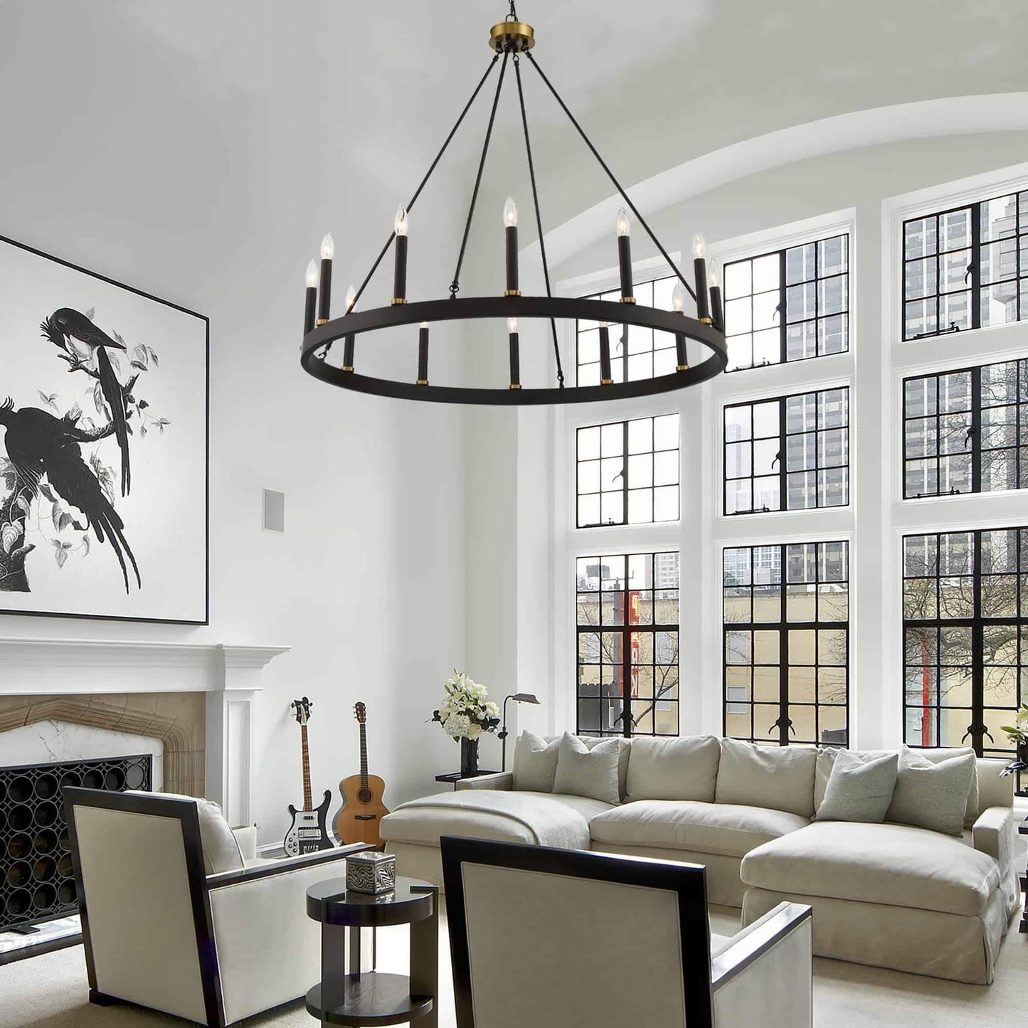 Suspension Acroma à 12 lumières, style ferme, 40 pouces, en forme de roue de charrette, avec certification UL - 40'' de diamètre x 138'' de hauteur