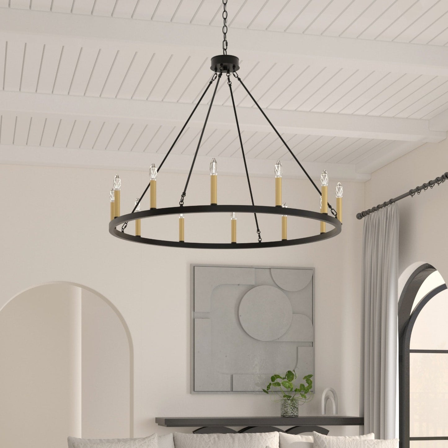 Suspension Acroma à 12 lumières, style ferme, 40 pouces, en forme de roue de charrette, avec certification UL - 40'' de diamètre x 138'' de hauteur