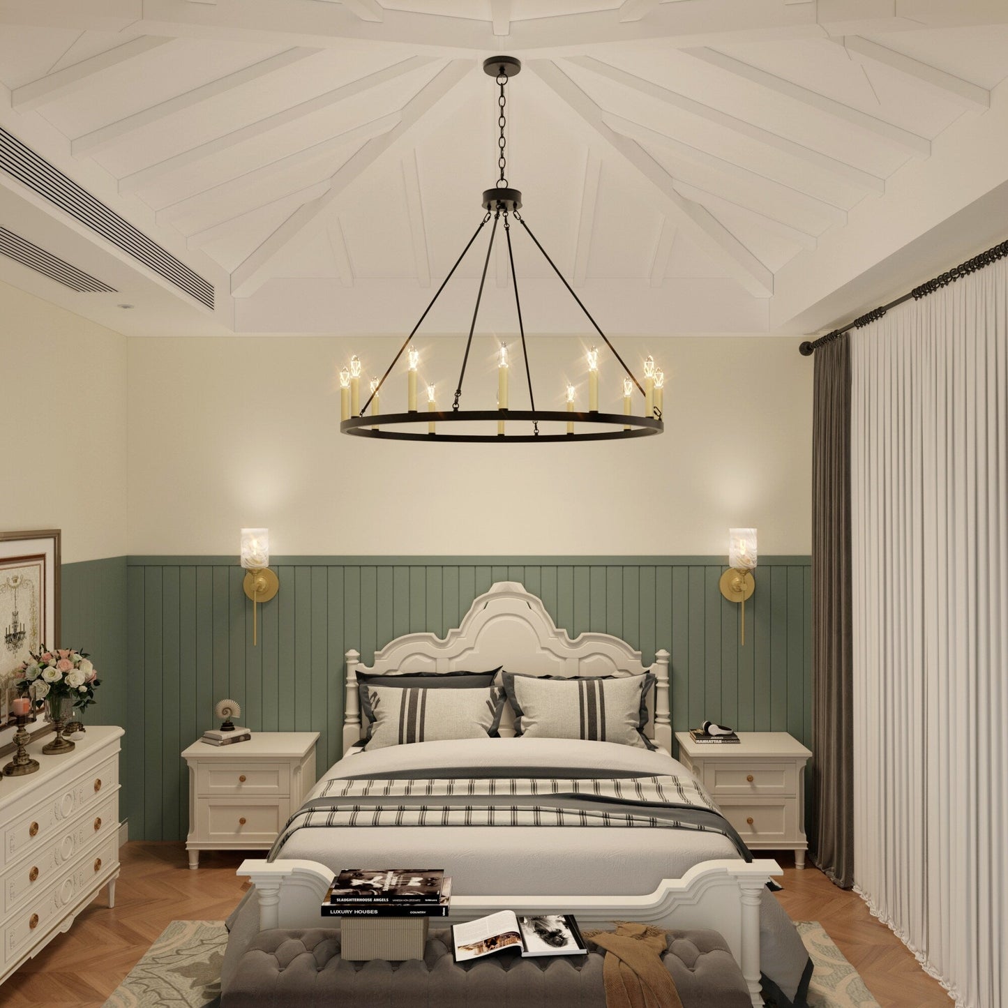 Suspension Acroma à 12 lumières, style ferme, 40 pouces, en forme de roue de charrette, avec certification UL - 40'' de diamètre x 138'' de hauteur