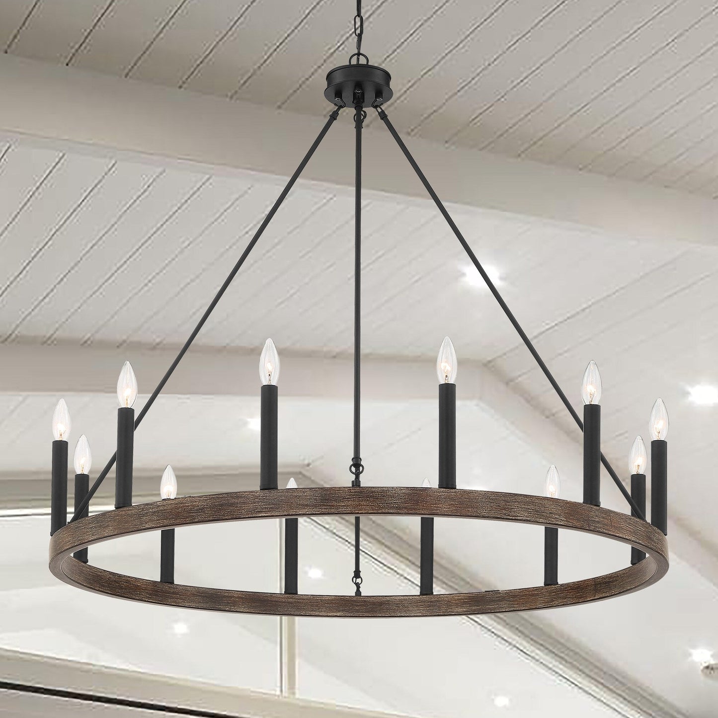 Suspension Acroma à 12 lumières, style ferme, 40 pouces, en forme de roue de charrette, avec certification UL - 40'' de diamètre x 138'' de hauteur