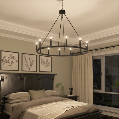 Suspension Acroma à 12 lumières, style ferme, 40 pouces, en forme de roue de charrette, avec certification UL - 40'' de diamètre x 138'' de hauteur