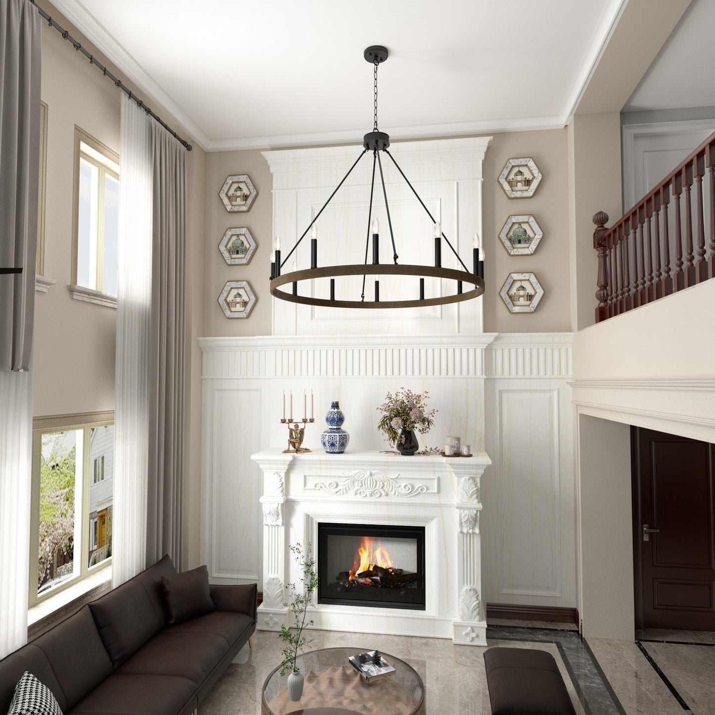 Suspension Acroma à 12 lumières, style ferme, 40 pouces, en forme de roue de charrette, avec certification UL - 40'' de diamètre x 138'' de hauteur