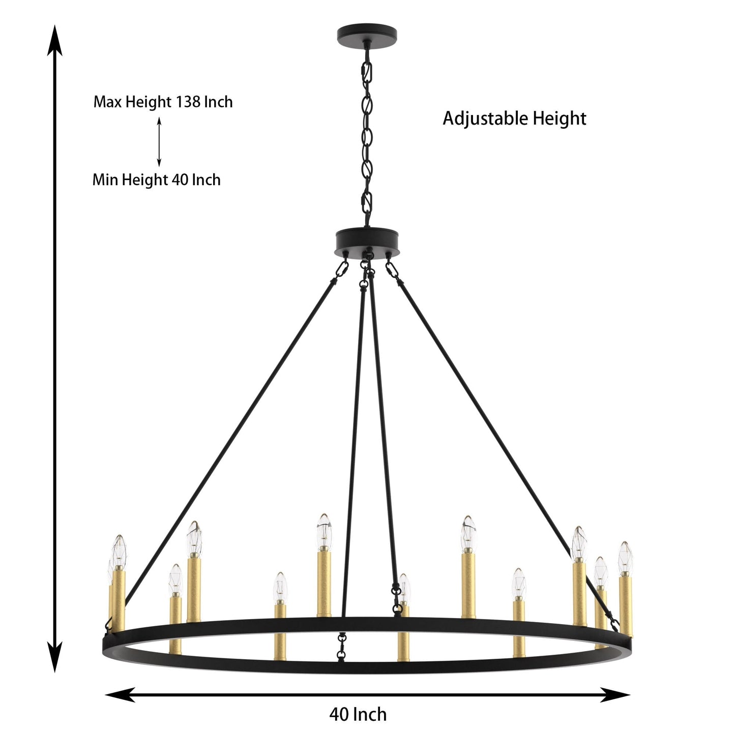 Suspension Acroma à 12 lumières, style ferme, 40 pouces, en forme de roue de charrette, avec certification UL - 40'' de diamètre x 138'' de hauteur