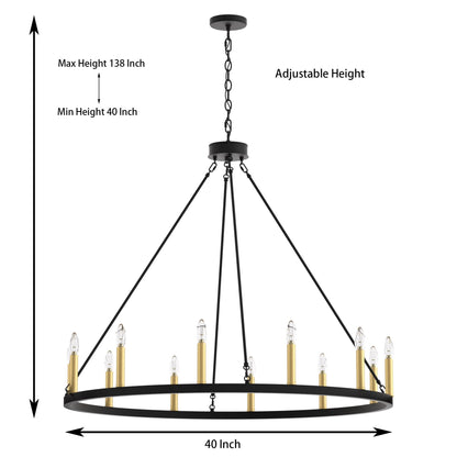 Suspension Acroma à 12 lumières, style ferme, 40 pouces, en forme de roue de charrette, avec certification UL - 40'' de diamètre x 138'' de hauteur