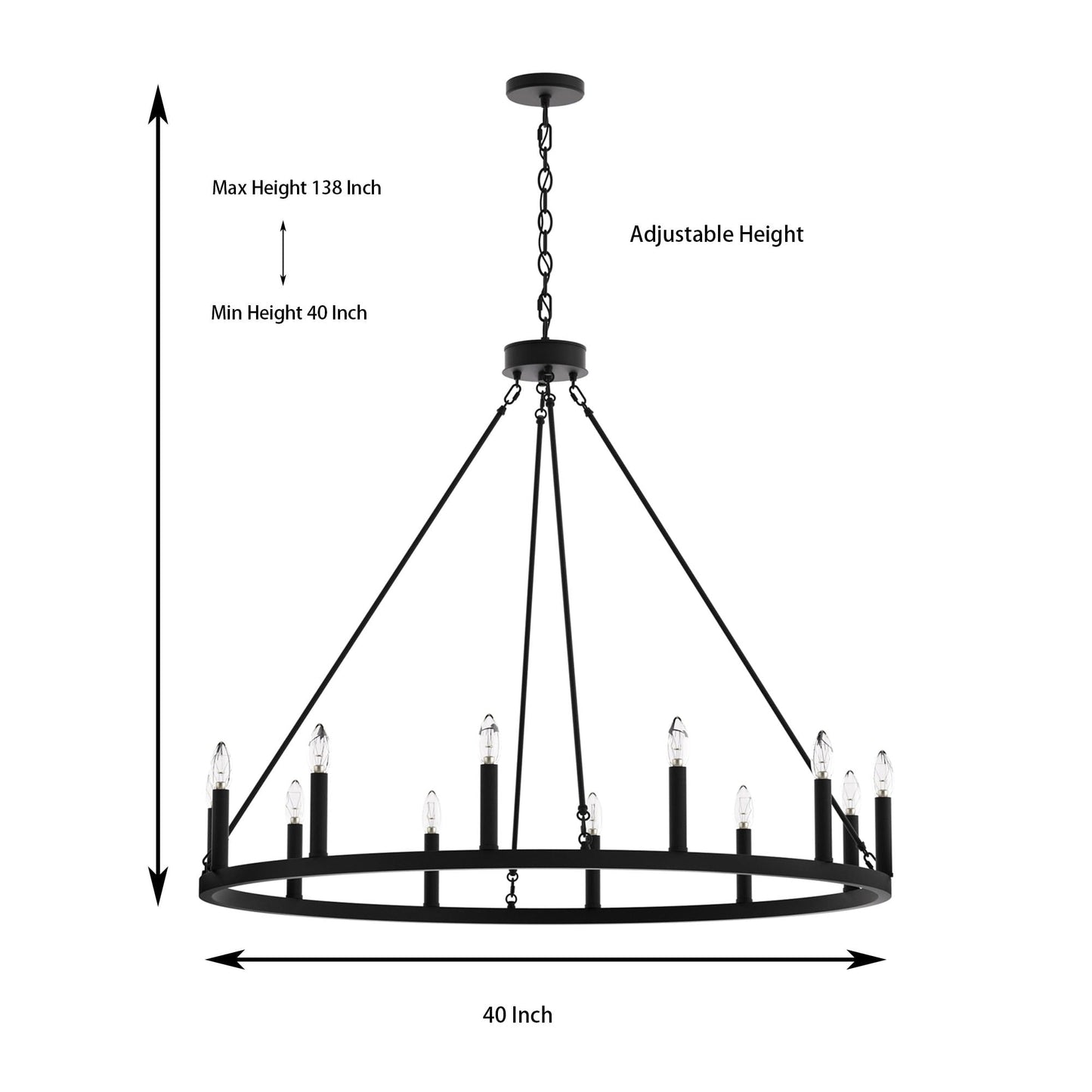 Suspension Acroma à 12 lumières, style ferme, 40 pouces, en forme de roue de charrette, avec certification UL - 40'' de diamètre x 138'' de hauteur