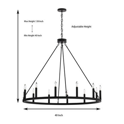 Suspension Acroma à 12 lumières, style ferme, 40 pouces, en forme de roue de charrette, avec certification UL - 40'' de diamètre x 138'' de hauteur