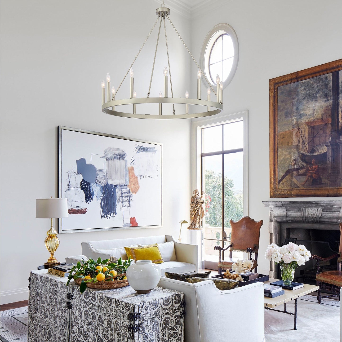 Suspension Acroma à 12 lumières, style ferme, 40 pouces, en forme de roue de charrette, avec certification UL - 40'' de diamètre x 138'' de hauteur