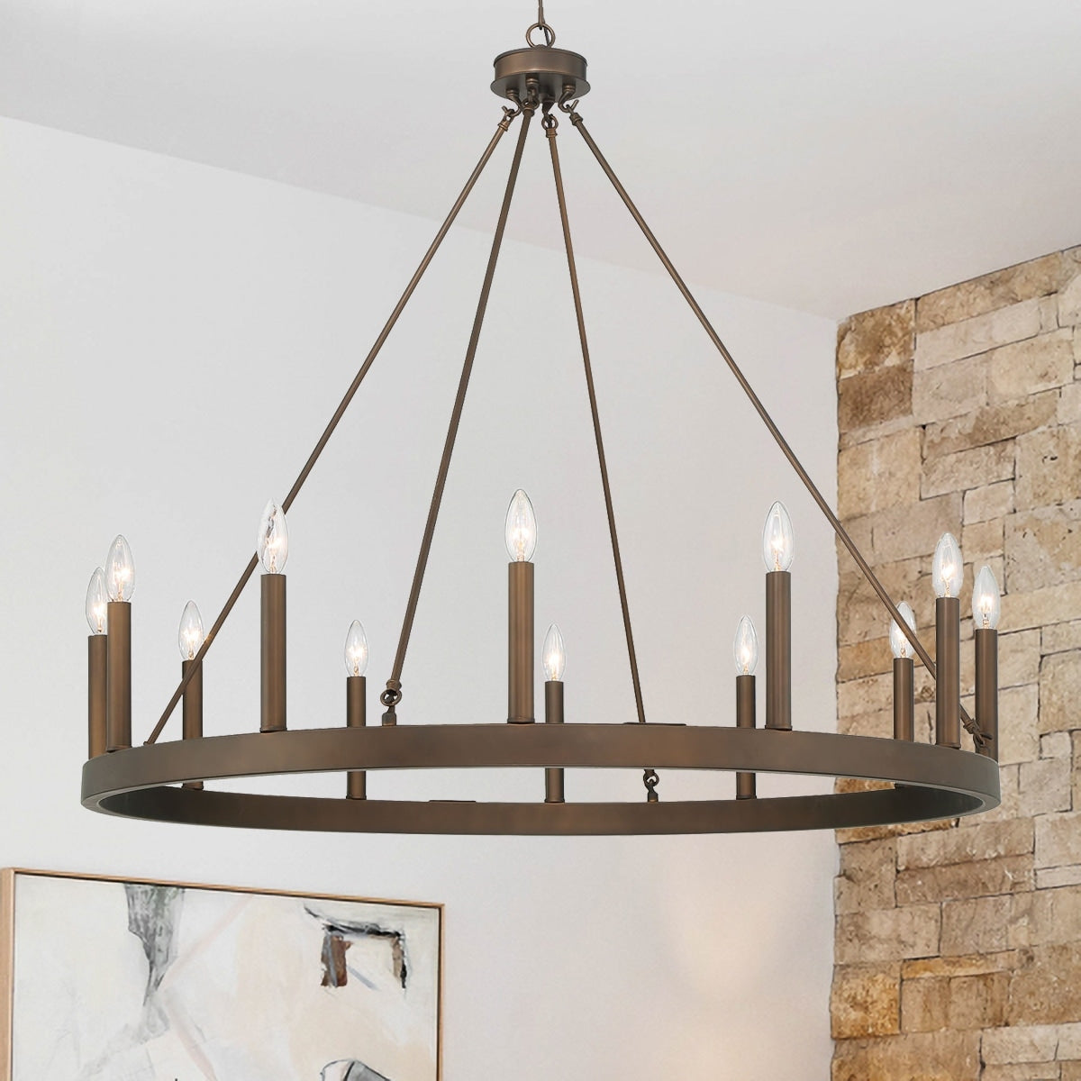 Suspension Acroma à 12 lumières, style ferme, 40 pouces, en forme de roue de charrette, avec certification UL - 40'' de diamètre x 138'' de hauteur