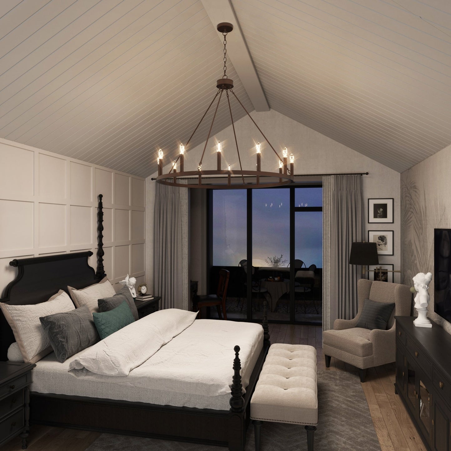 Suspension Acroma à 12 lumières, style ferme, 40 pouces, en forme de roue de charrette, avec certification UL - 40'' de diamètre x 138'' de hauteur