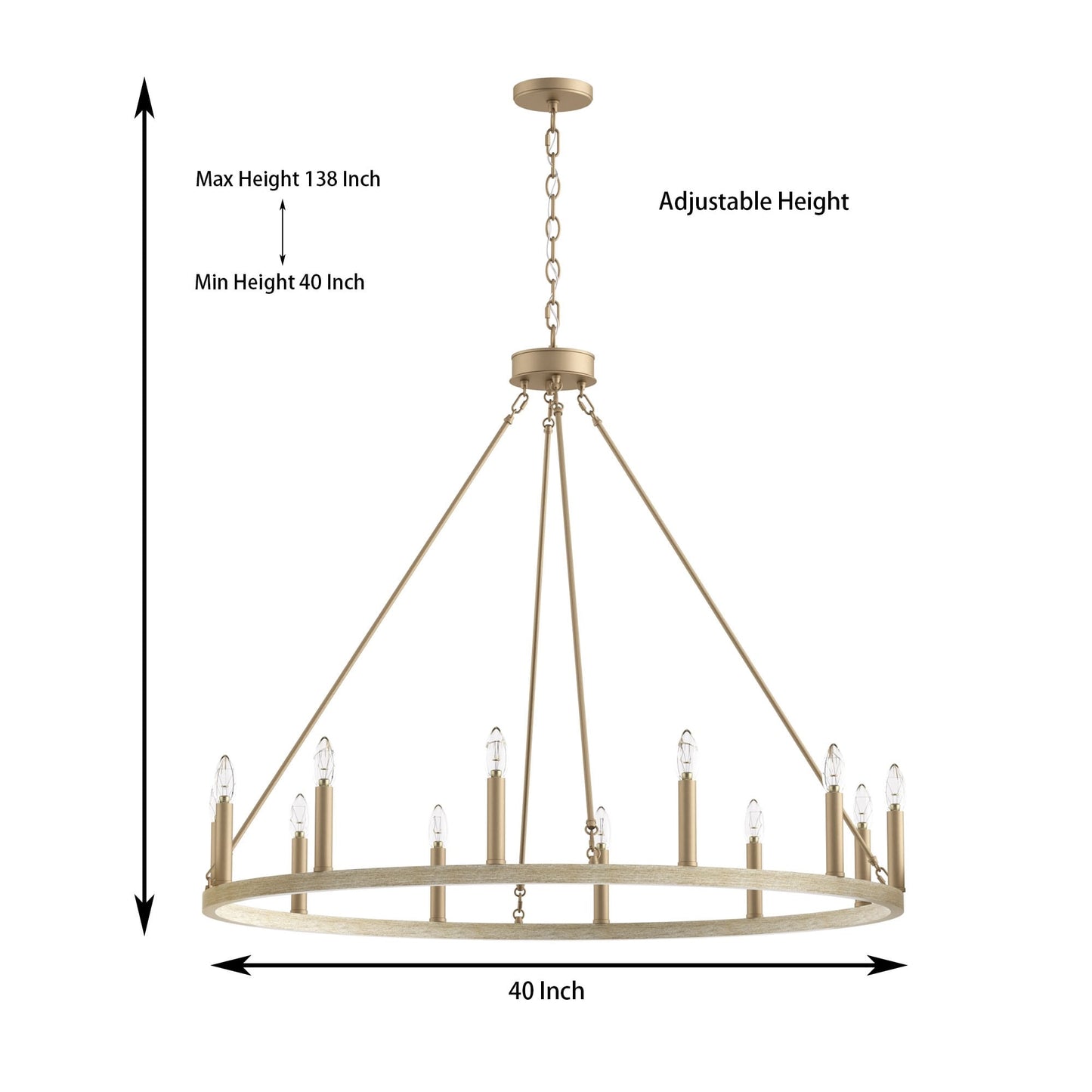Suspension Acroma à 12 lumières, style ferme, 40 pouces, en forme de roue de charrette, avec certification UL - 40'' de diamètre x 138'' de hauteur