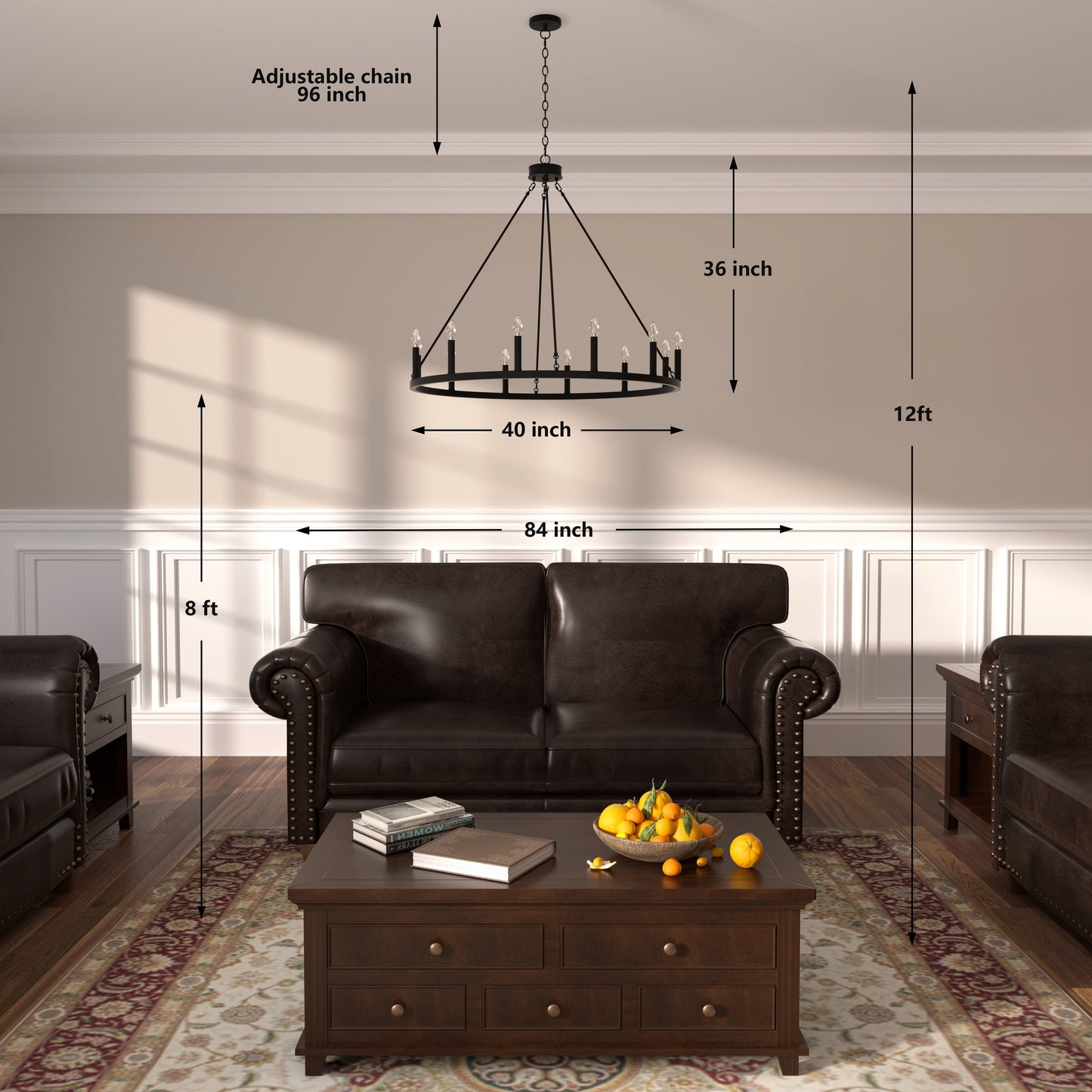 Suspension Acroma à 12 lumières, style ferme, 40 pouces, en forme de roue de charrette, avec certification UL - 40'' de diamètre x 138'' de hauteur