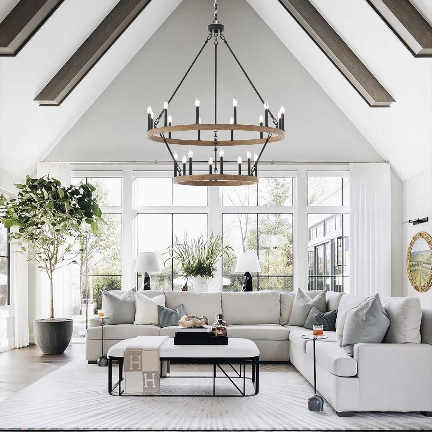 Suspension Acroma à 20 lumières, style ferme moderne, en forme de roue de charrette ronde de 40 pouces, avec certification UL