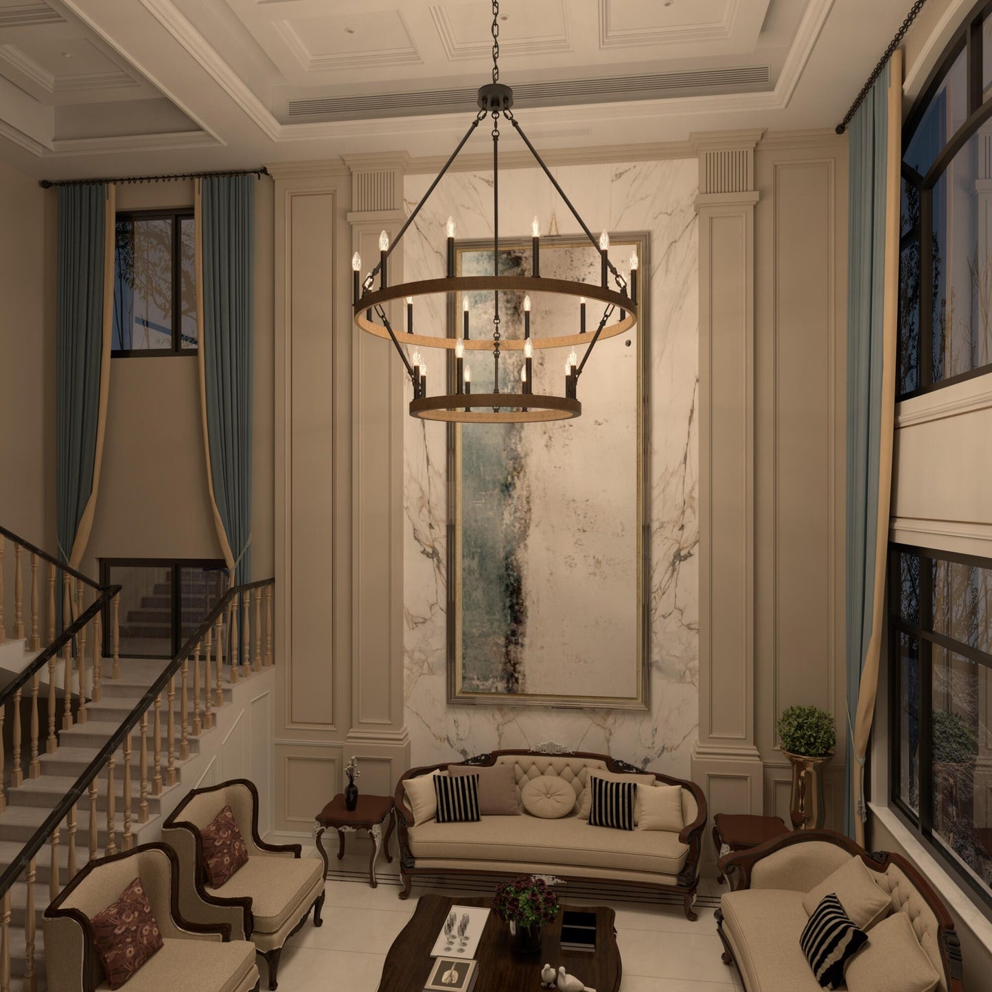 Suspension Acroma à 20 lumières, style ferme moderne, en forme de roue de charrette ronde de 40 pouces, avec certification UL