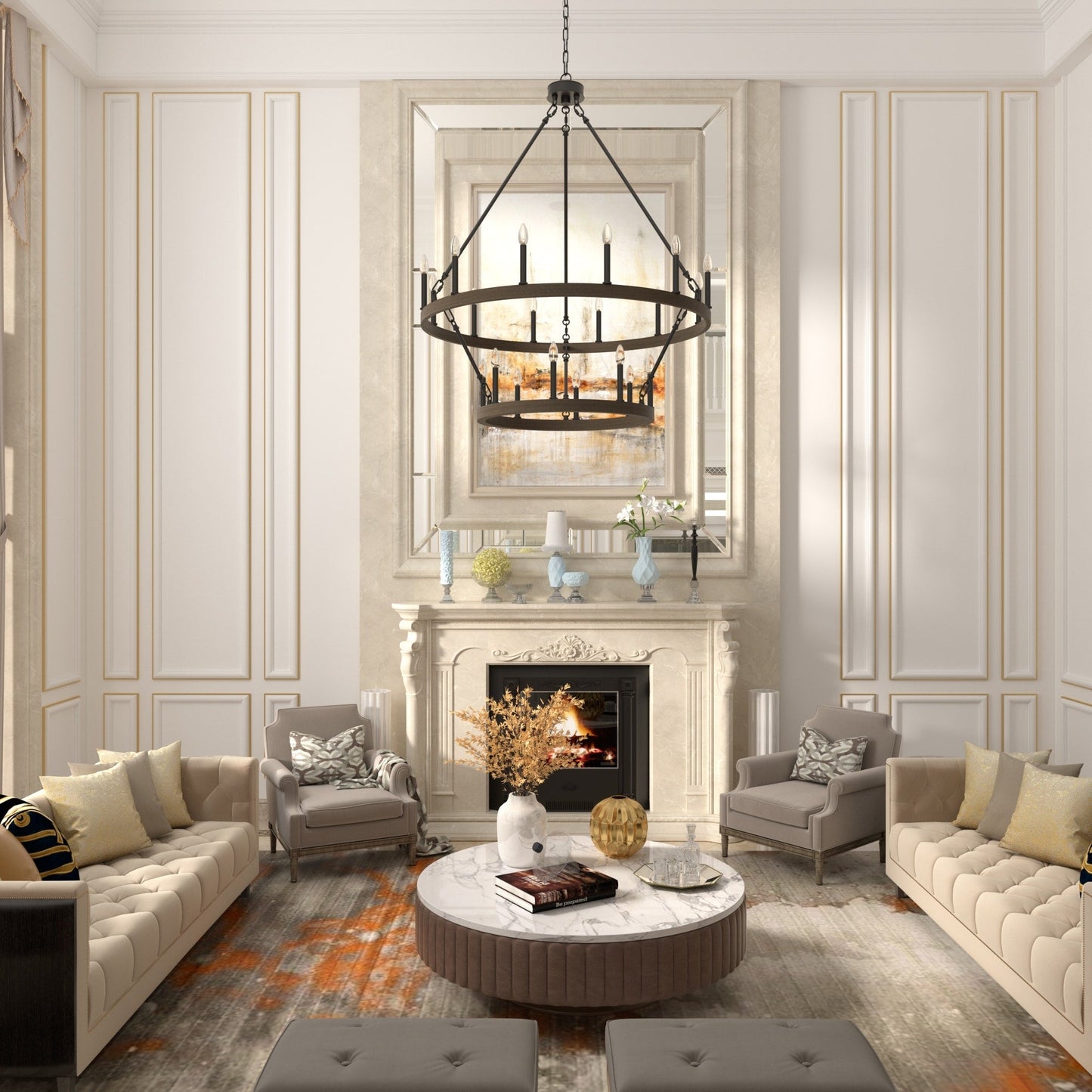 Suspension Acroma à 20 lumières, style ferme moderne, en forme de roue de charrette ronde de 40 pouces, avec certification UL