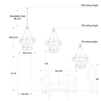 Suspension Acroma à 20 lumières, style ferme moderne, en forme de roue de charrette ronde de 40 pouces, avec certification UL