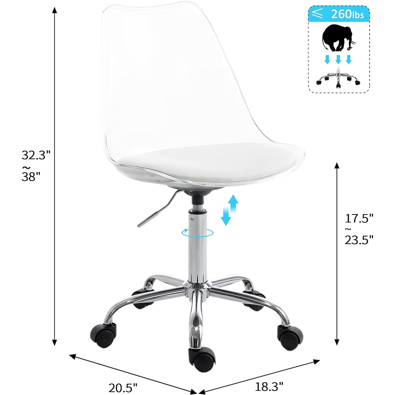 Chaise de bureau pivotante en acrylique, hauteur réglable, sans accoudoirs, sur roulettes, pour la maison.