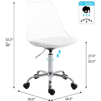 Chaise de bureau pivotante en acrylique, hauteur réglable, sans accoudoirs, sur roulettes, pour la maison.