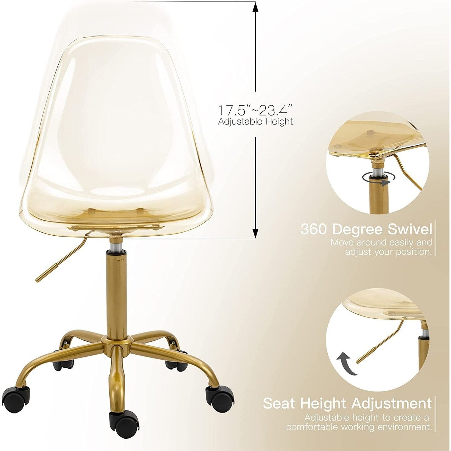 Chaise de bureau pivotante en acrylique, hauteur réglable, sans accoudoirs, sur roulettes, pour la maison.