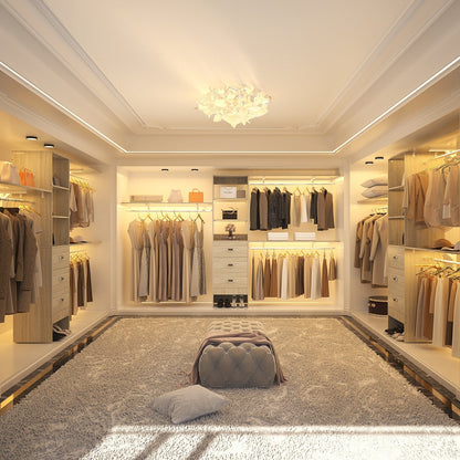 Rackcog Organisateur de placard réglable de 305 cm avec tiroirs, système de rangement avec étagères à assembler soi-même pour placard à l'italienne et placard à porte coulissante.