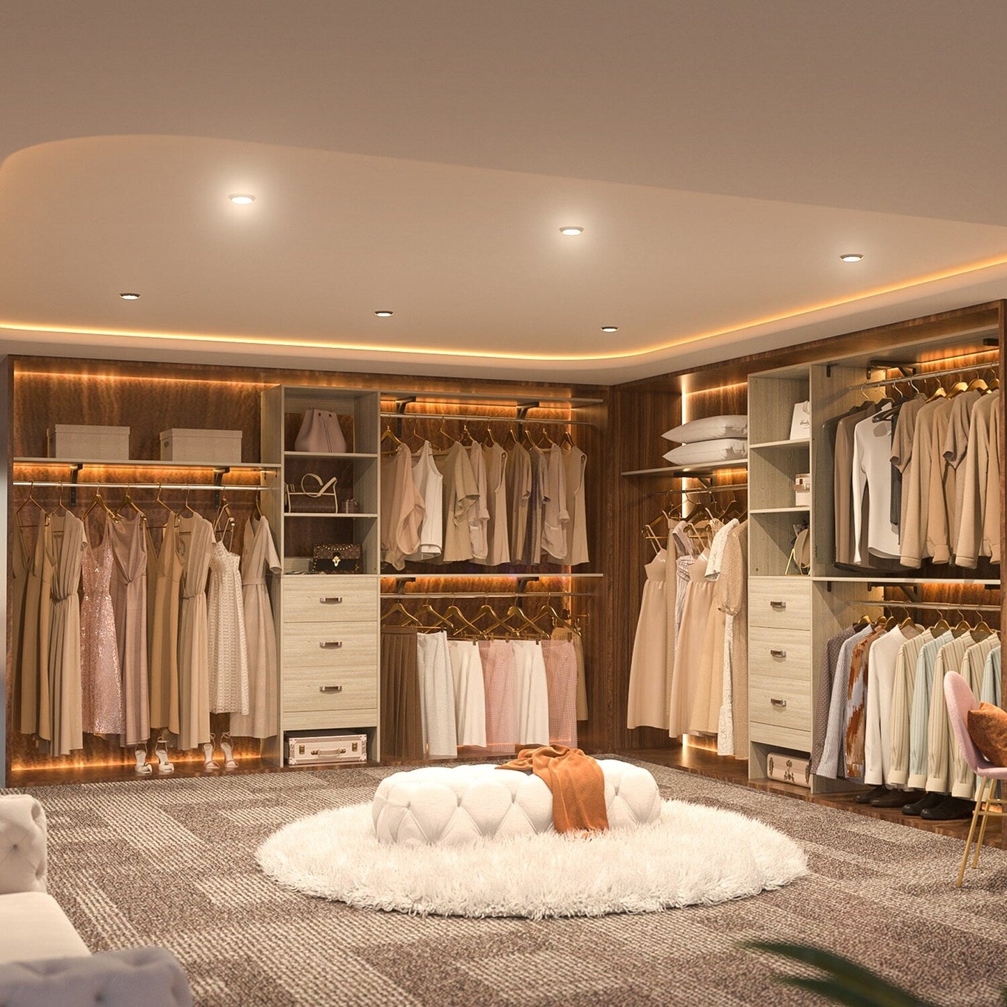 Rackcog Organisateur de placard réglable de 305 cm avec tiroirs, système de rangement avec étagères à assembler soi-même pour placard à l'italienne et placard à porte coulissante.