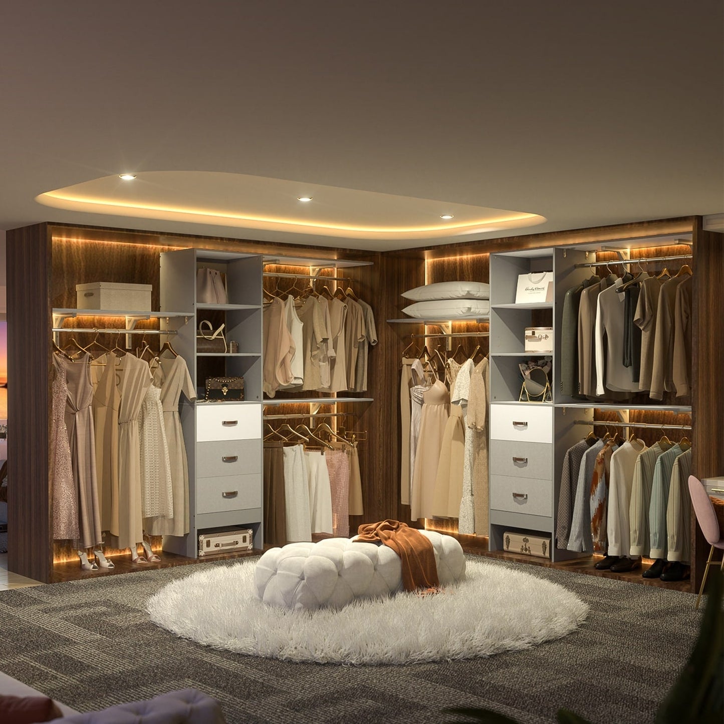 Rackcog Organisateur de placard réglable de 305 cm avec tiroirs, système de rangement avec étagères à assembler soi-même pour placard à l'italienne et placard à porte coulissante.